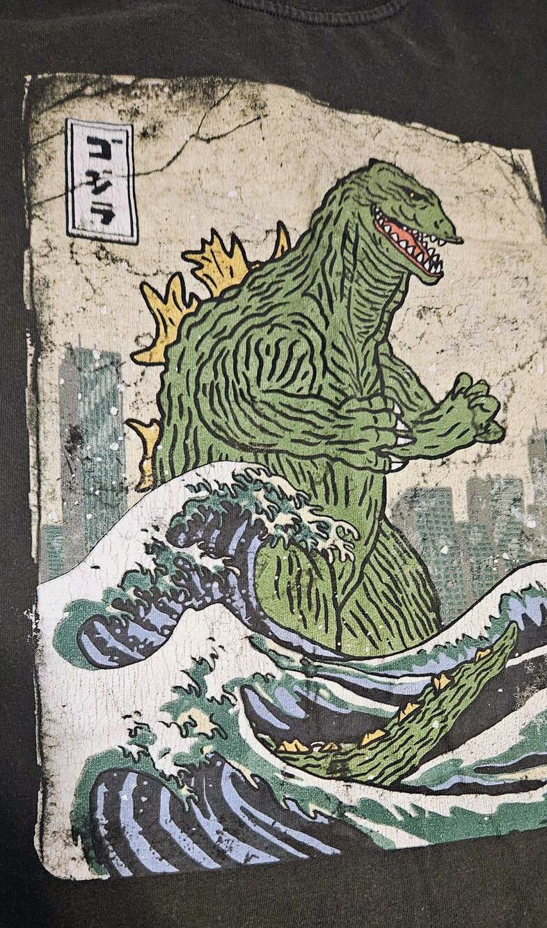 Godzilla The Great Wave Black T-Shirt Medium